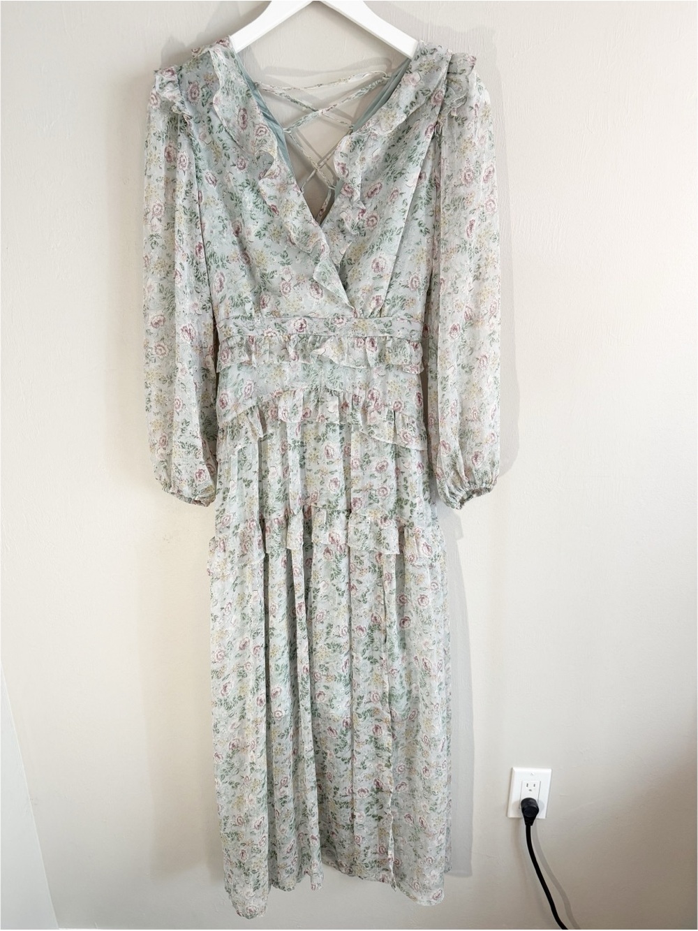 New FLORET STUDIOS Women’s Sage Blue Mauve Layered Chiffon Maxi Dress Size XS